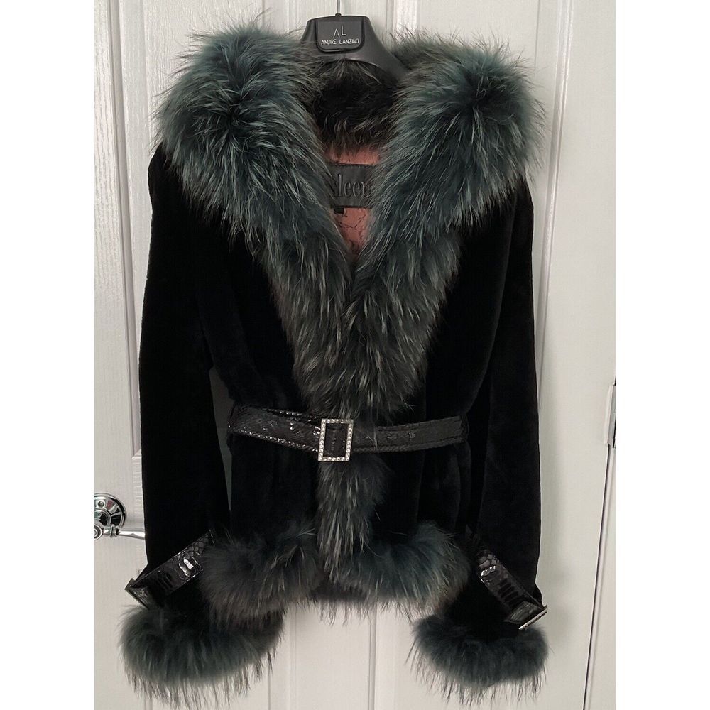 NEW Rosleen BLUE FUR COAT LEATHER BELT ACCENTS FULLY LINED ZIP SIZE 10/12